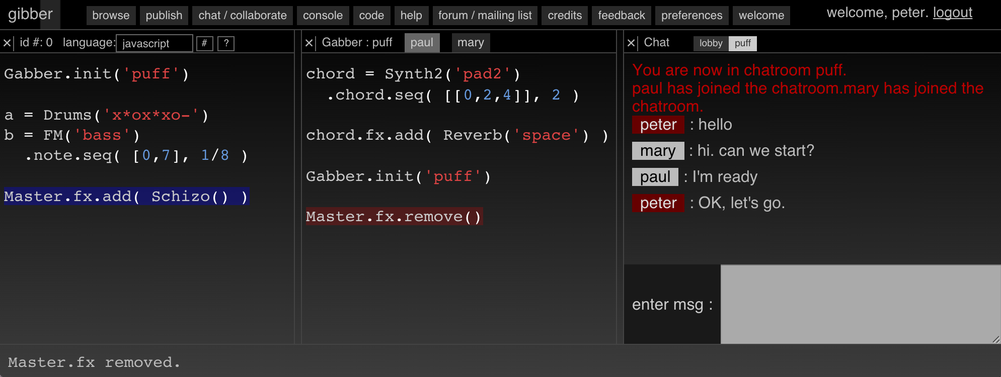 A screenshot of the Gabber interface in a networked performance with three performers: Peter, Paul and Mary. The screenshot shows what Paul is seeing. Note the two highlighted code fragments; the blue highlight indicates code that the performer (Peter) has sent over the network to be executed. The red highlight indicates code that another member (Paul) of the ensemble has remotely executed on Peter's machine.