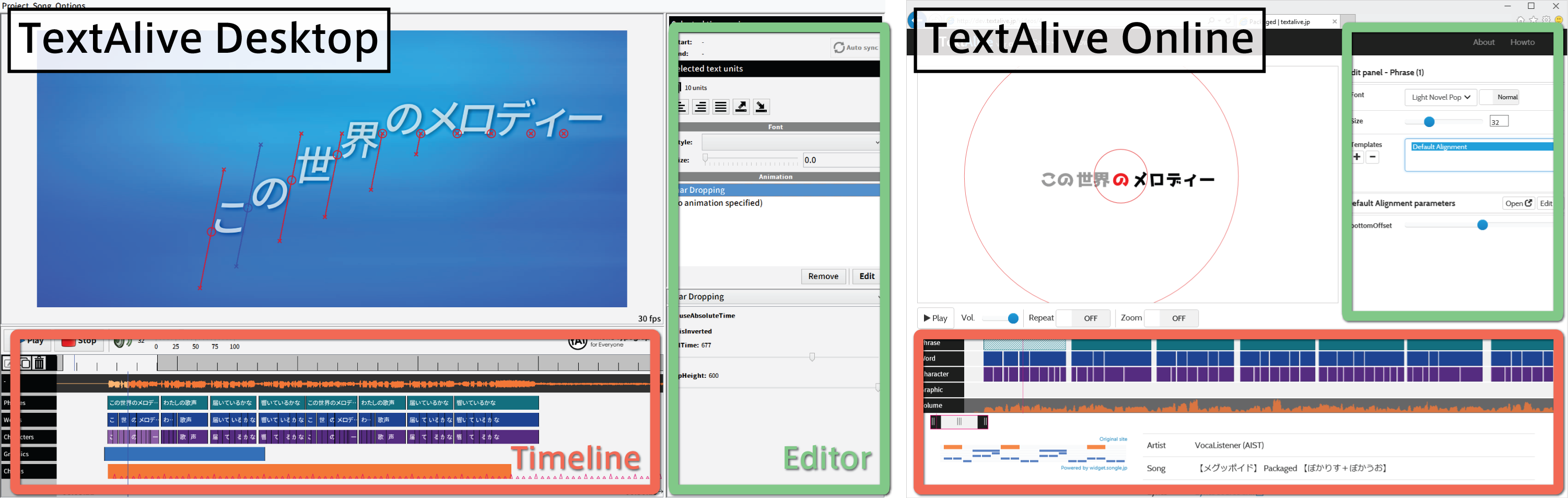 TextAlive Desktop and TextAlive Online are both live programming environments for creating Kinetic Typography videos that share most of their GUIs. TextAlive Online enables a more collaborative way of content authoring, requires a server-side backend, and raises interesting research questions.